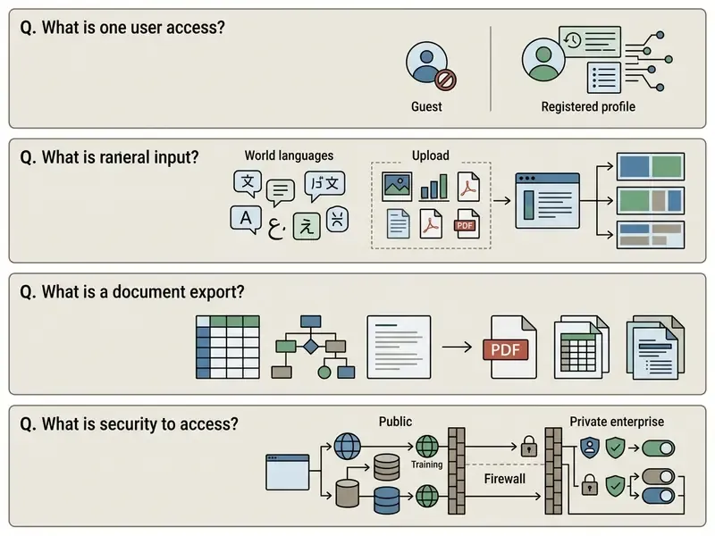 Four rows comparing user access, language and file inputs, document exports, and enterprise security