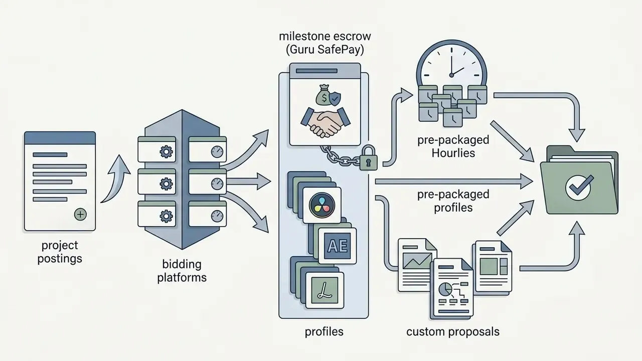 Visual map of freelance bidding platforms showing project postings, escrow, and editor profiles