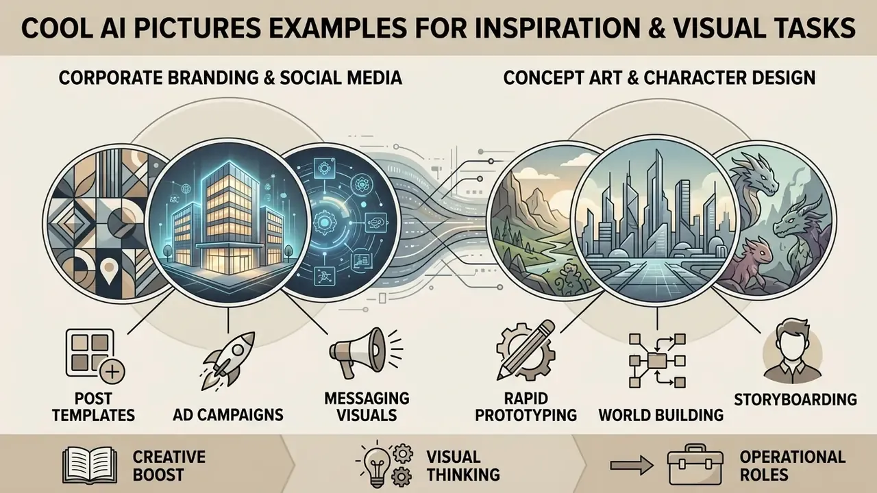 Diagram showing cool AI pictures applied to corporate branding, social media, and concept art tasks