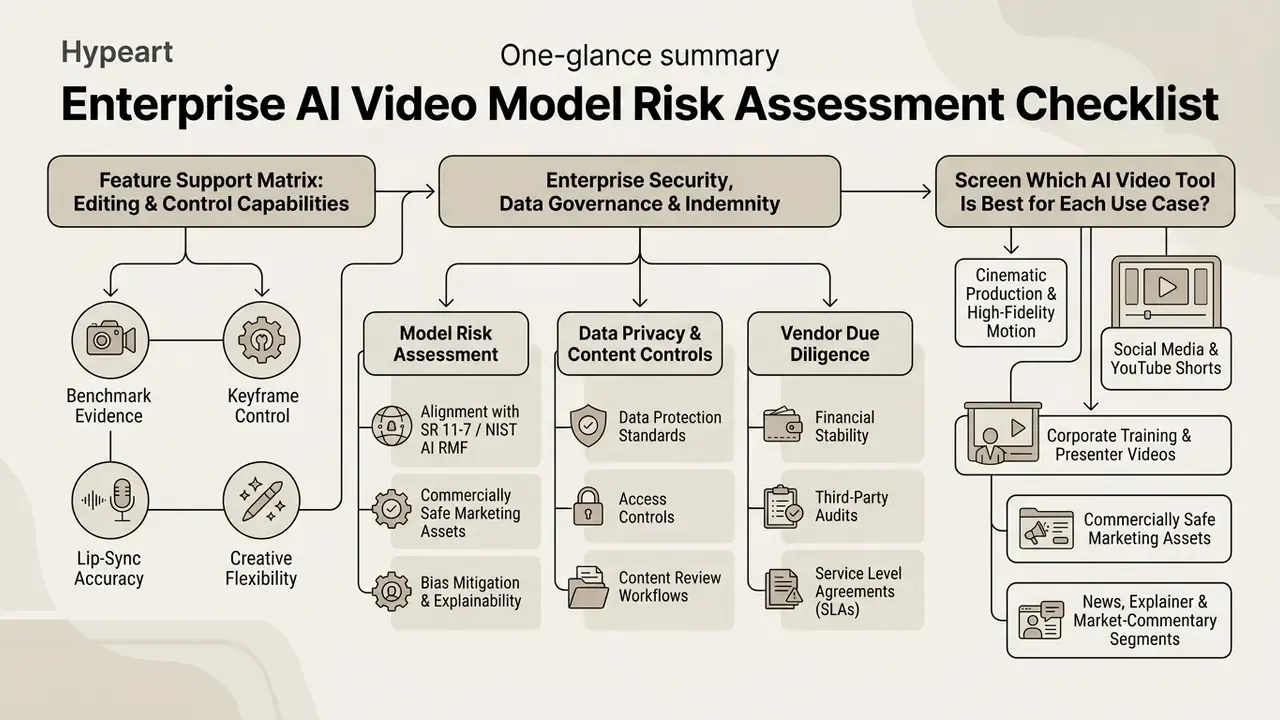 Flowchart outlining enterprise criteria for evaluating AI video tools across security and use cases