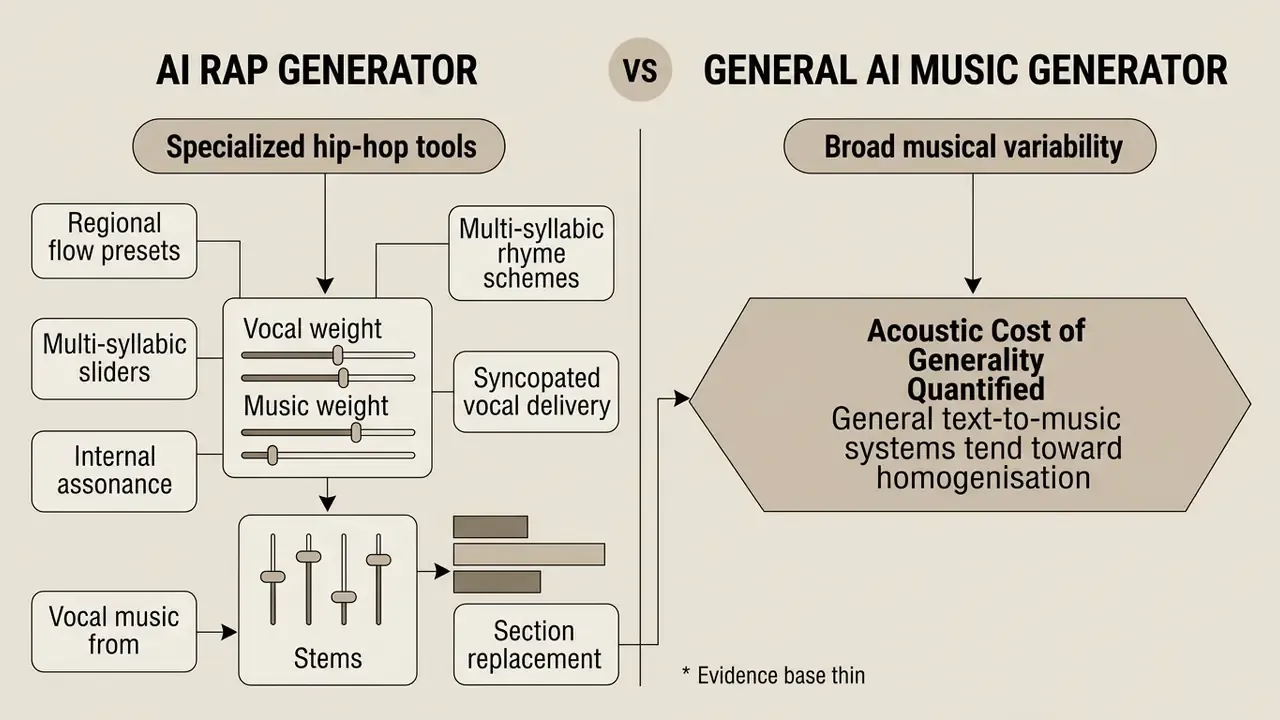 Comparison chart contrasting specialized hip-hop features with the acoustic cost of general music systems