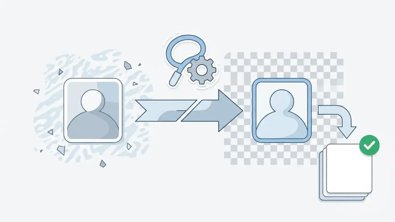 Portrait icon moving through a gear and magnifying glass process to become a transparent background file