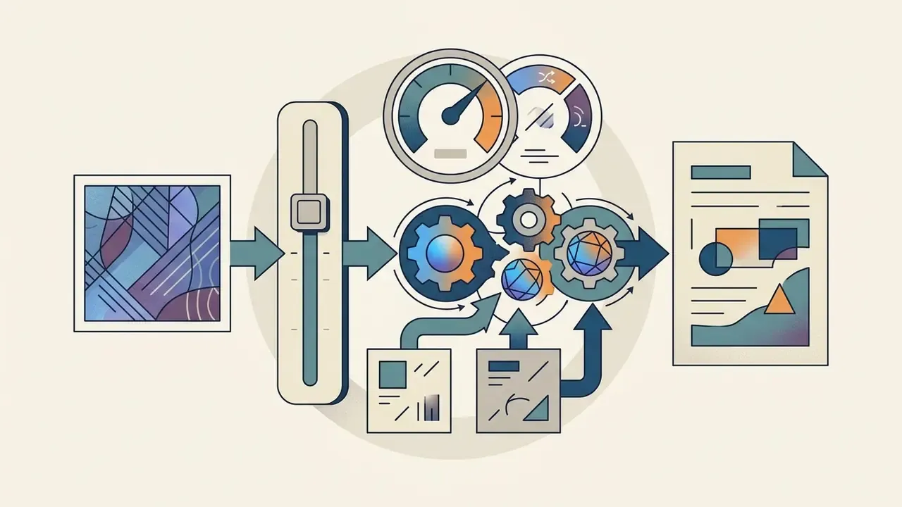 Reference image input passing through a slider and gear mechanism to generate a stylized document output