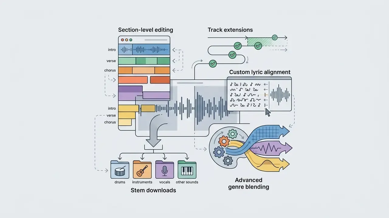Visual representation of music editing tools including section arrangements, track extensions, and stems