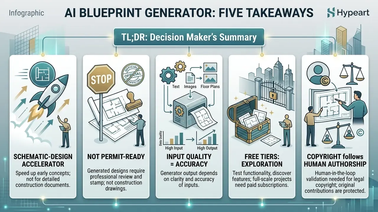 Infographic showing five key considerations for using an AI blueprint generator