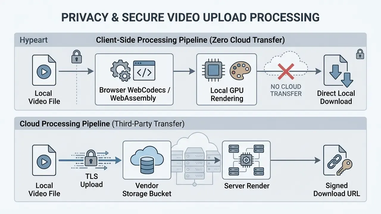 Comparison flowchart contrasting local browser-based video processing with cloud-based server rendering