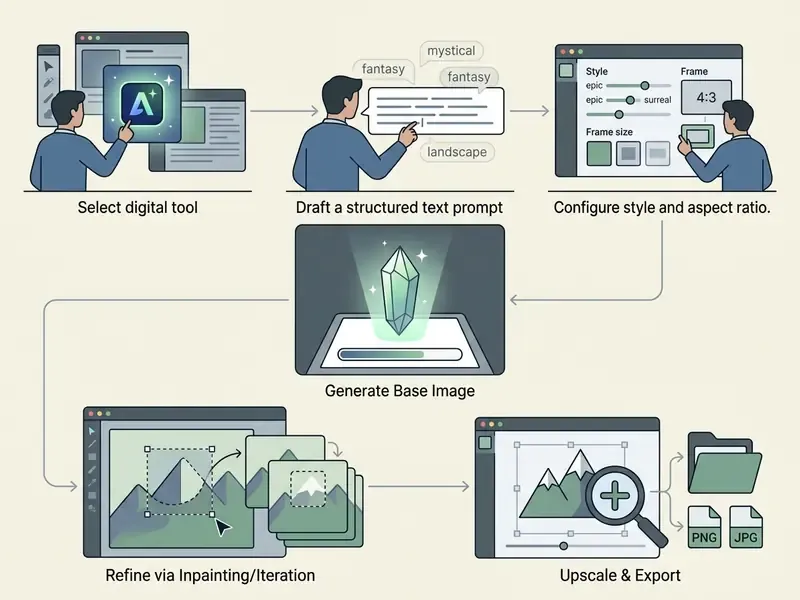 Step by step workflow showing the creation of digital artwork from prompt entry to final file export