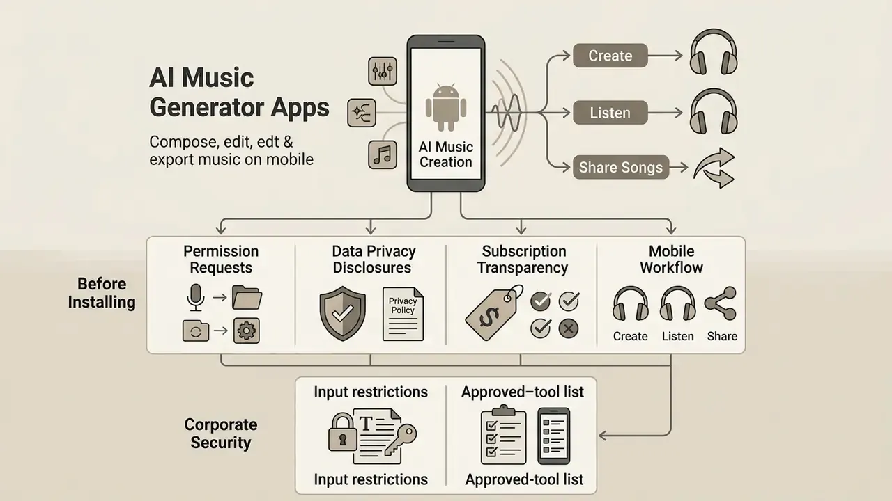 Mobile app workflow showing creation steps alongside security, privacy, and corporate compliance checks