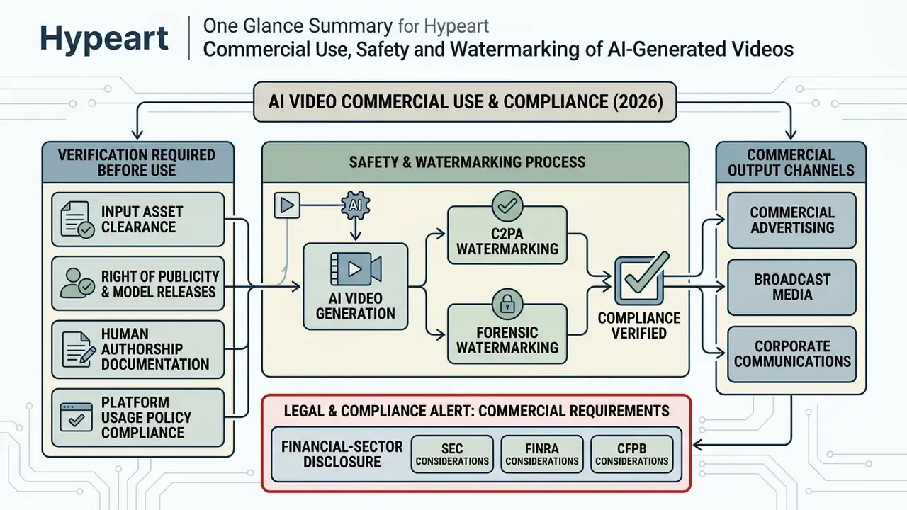 Flowchart detailing verification, safety, watermarking, and compliance steps for AI video generation
