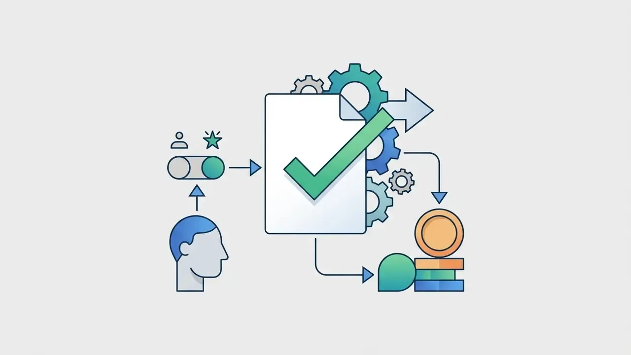User profile and toggle switch connecting to a document with a checkmark and currency icons