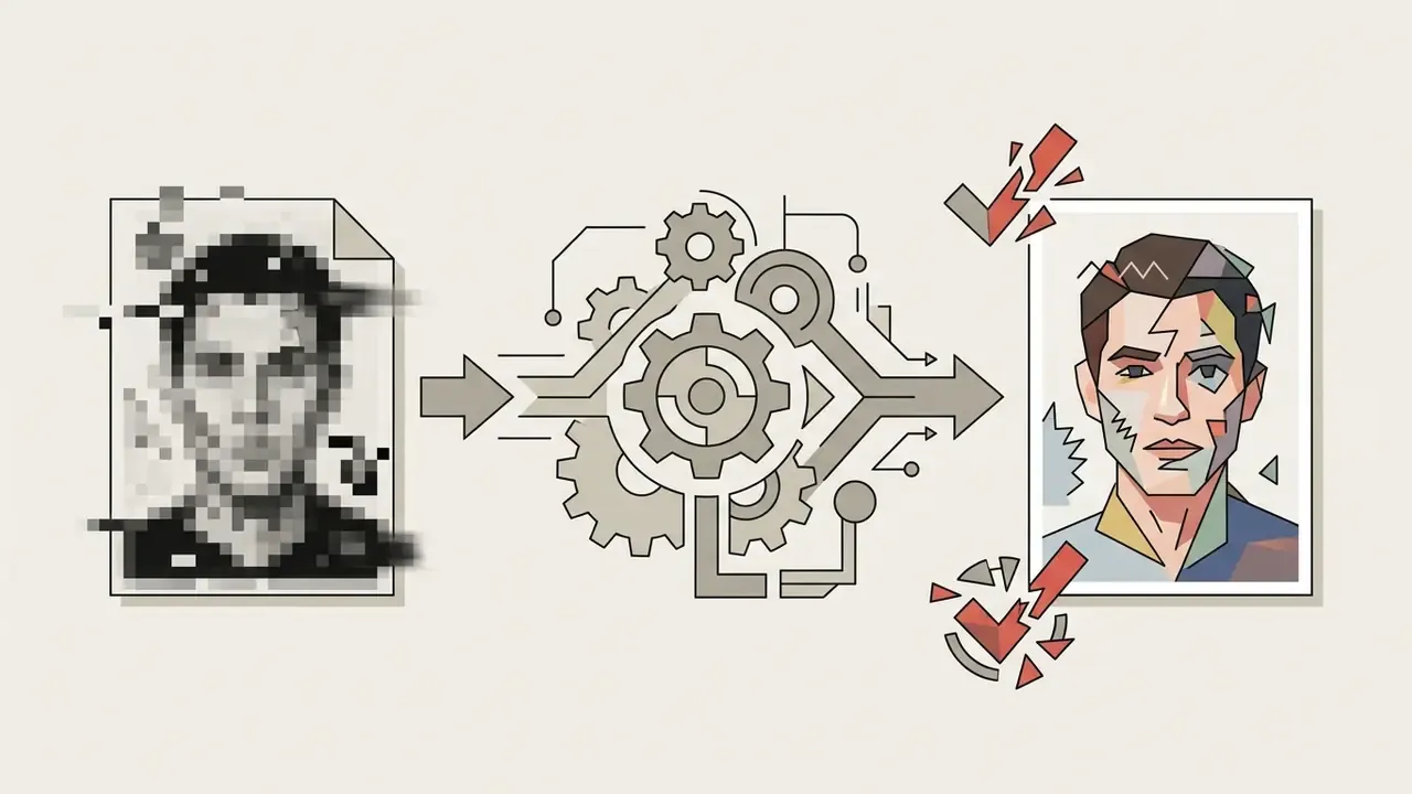Pixelated input photo moving through a gear mechanism to emerge as a stylized portrait with broken checkmarks