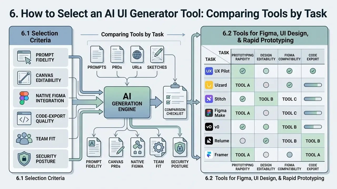 Comparison matrix linking selection criteria and input types to a tool evaluation table for design software