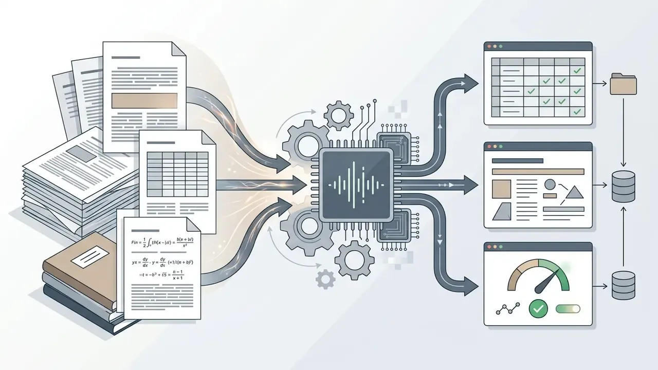 Documents and mathematical formulas feeding into a central processor for conversion into digital data