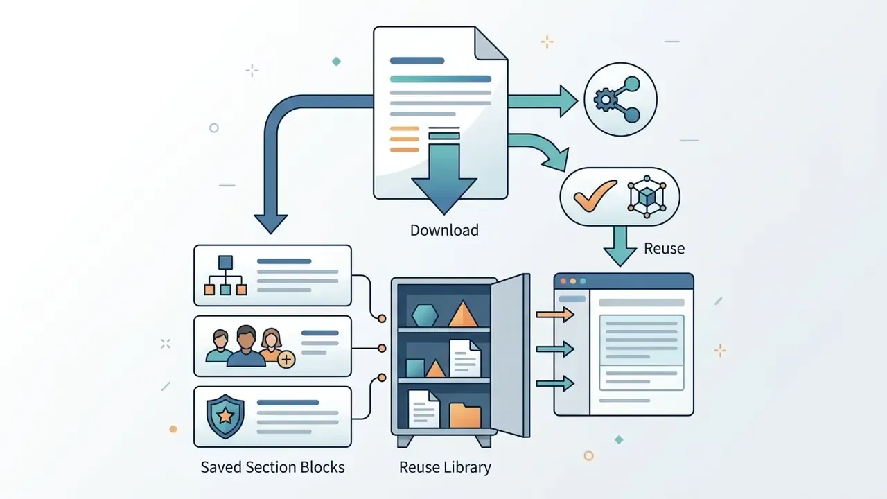 Saved content blocks being stored in a library and integrated into a new document interface