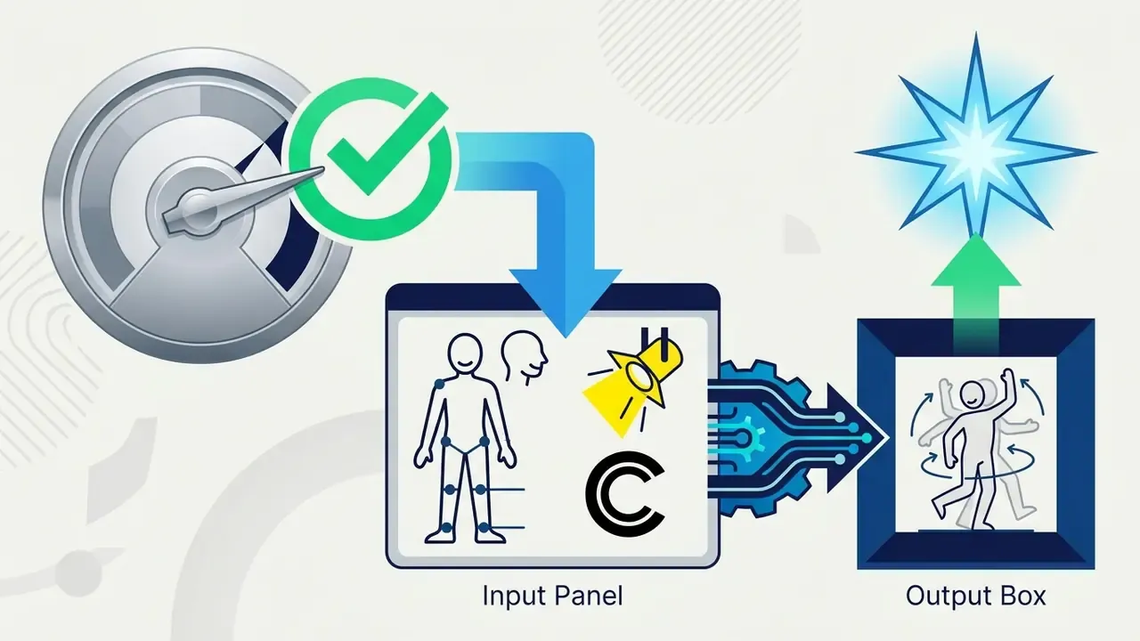 Diagram showing an input panel with body markers and lighting icons feeding into an animated output box