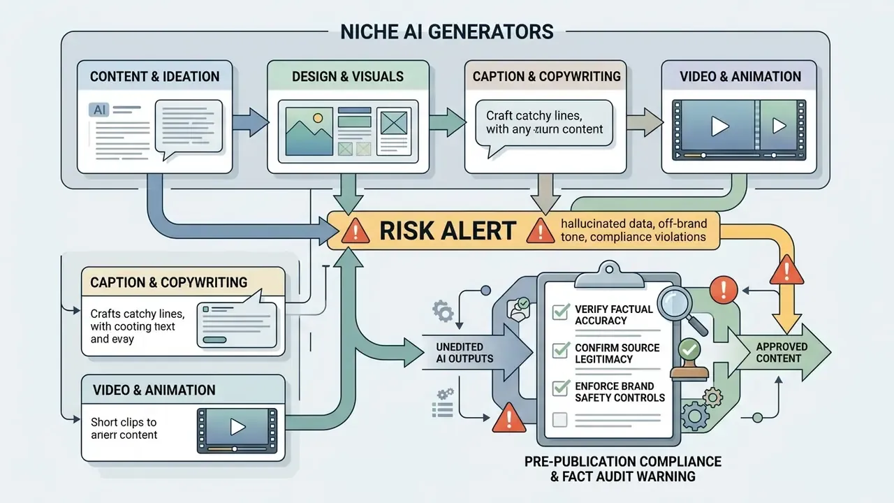 Workflow diagram showing AI content generation steps leading to a risk alert and human compliance audit
