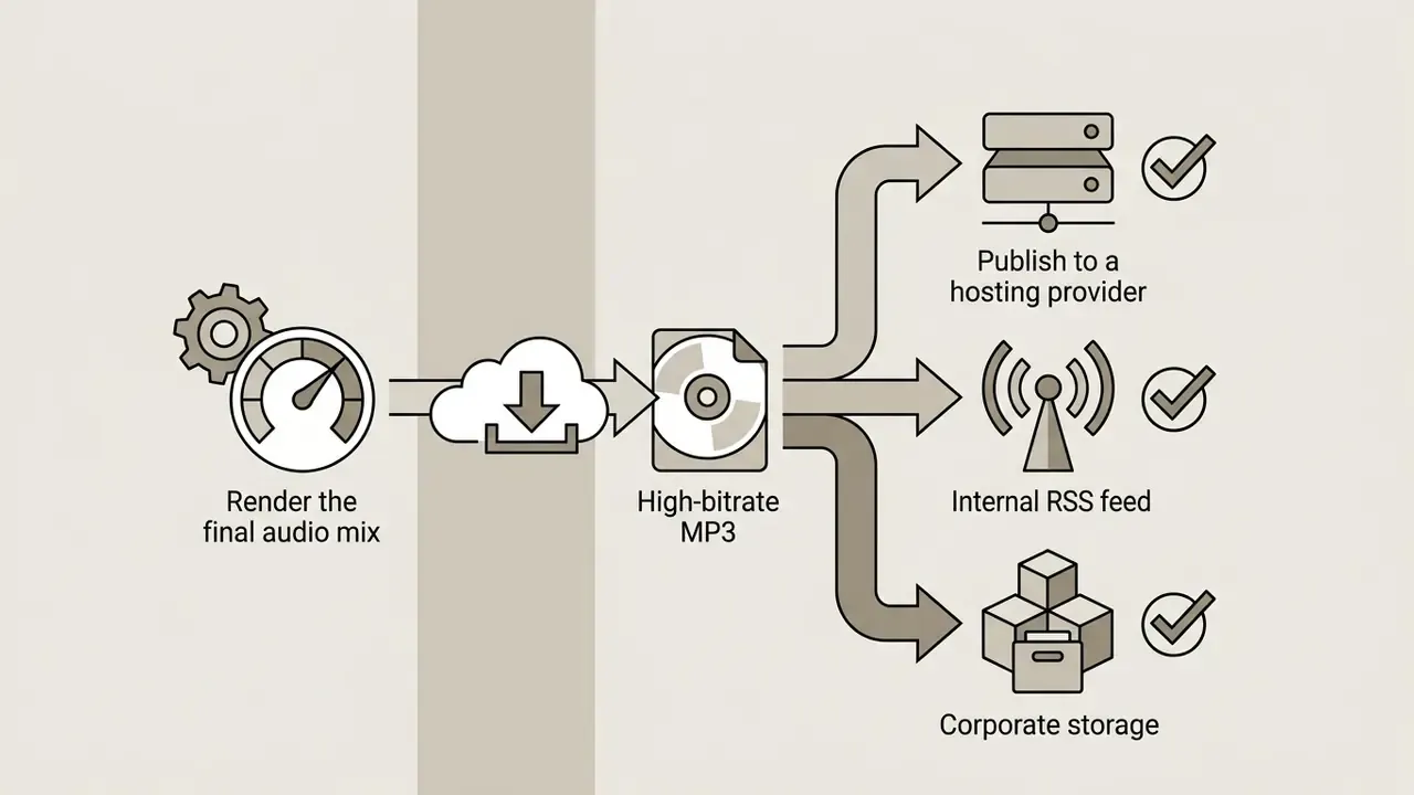 Process diagram showing the rendering of an MP3 file and its distribution to three different platforms