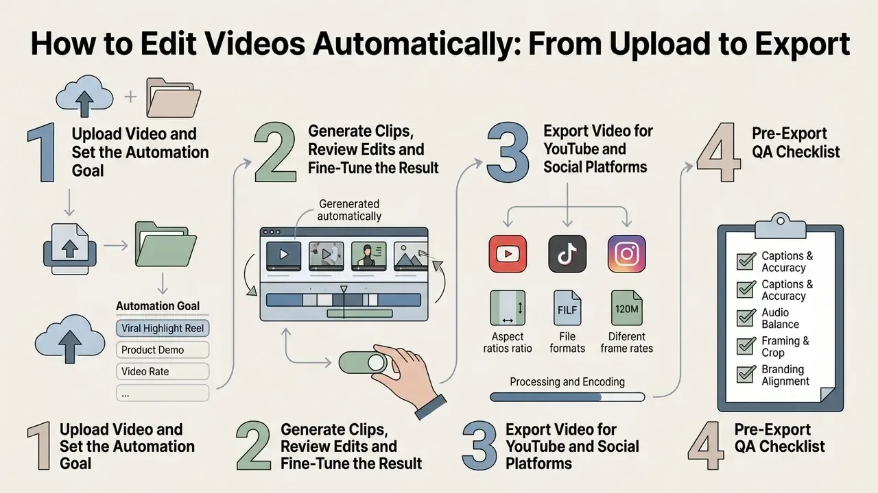 Four-step infographic detailing the automated video editing workflow from initial upload to final QA