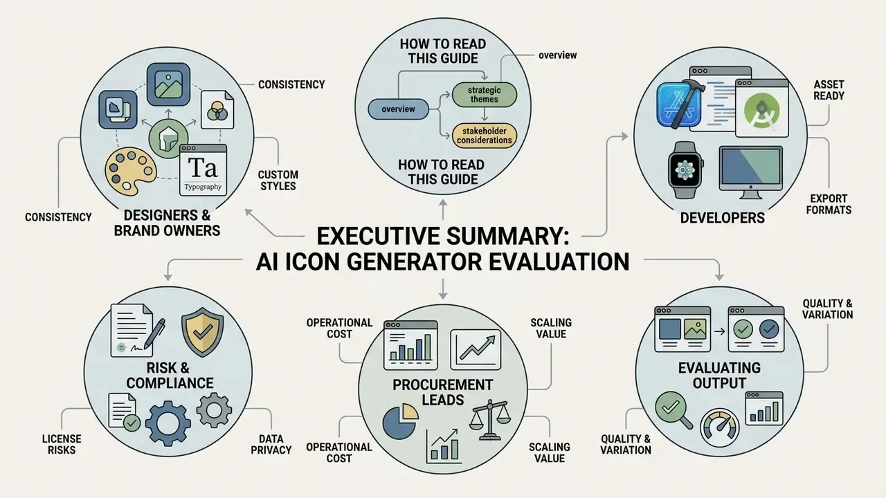 Infographic showing six key operational considerations for evaluating an AI icon generator at scale
