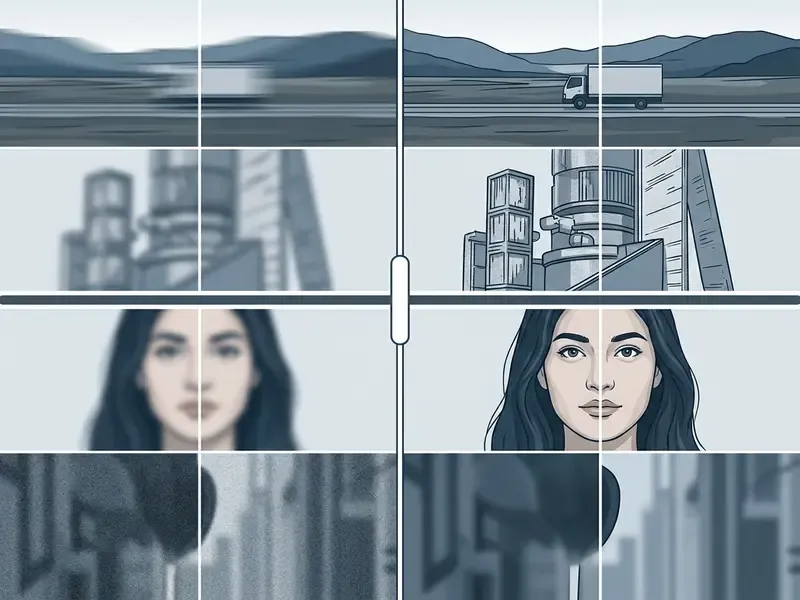Split screen showing four examples of blurred images being transformed into sharp, clear versions