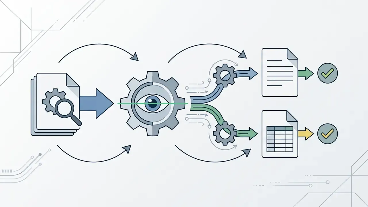 Central gear with an eye scanning a document and splitting data into text and table formats