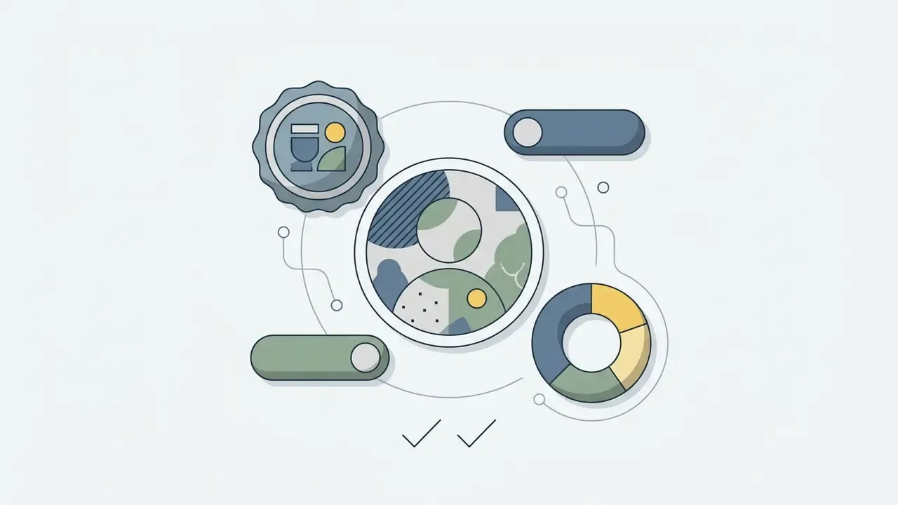 Central circular graphic surrounded by a badge, pill buttons, and a donut chart representing design elements