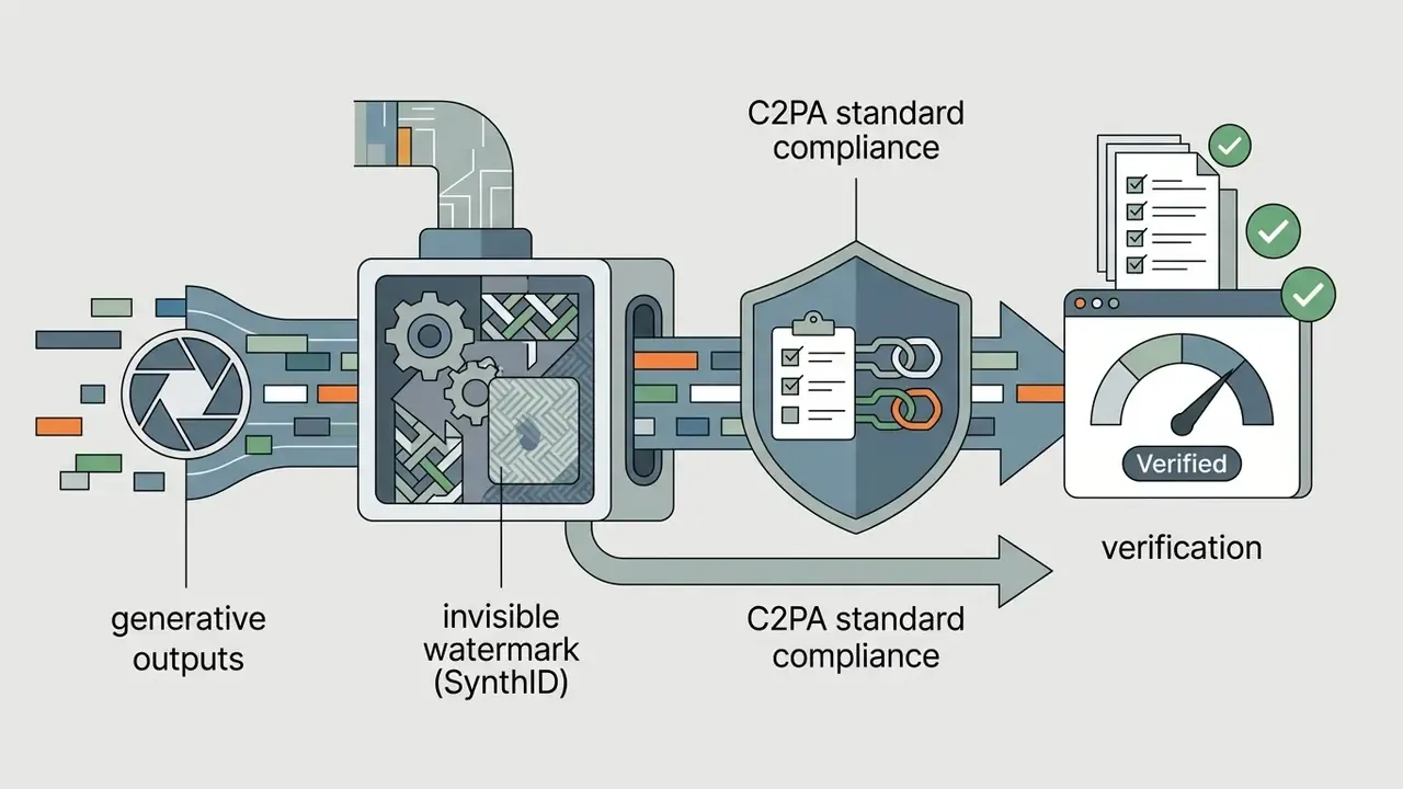 Process flow showing generative media passing through a watermarking engine and compliance shield to verification