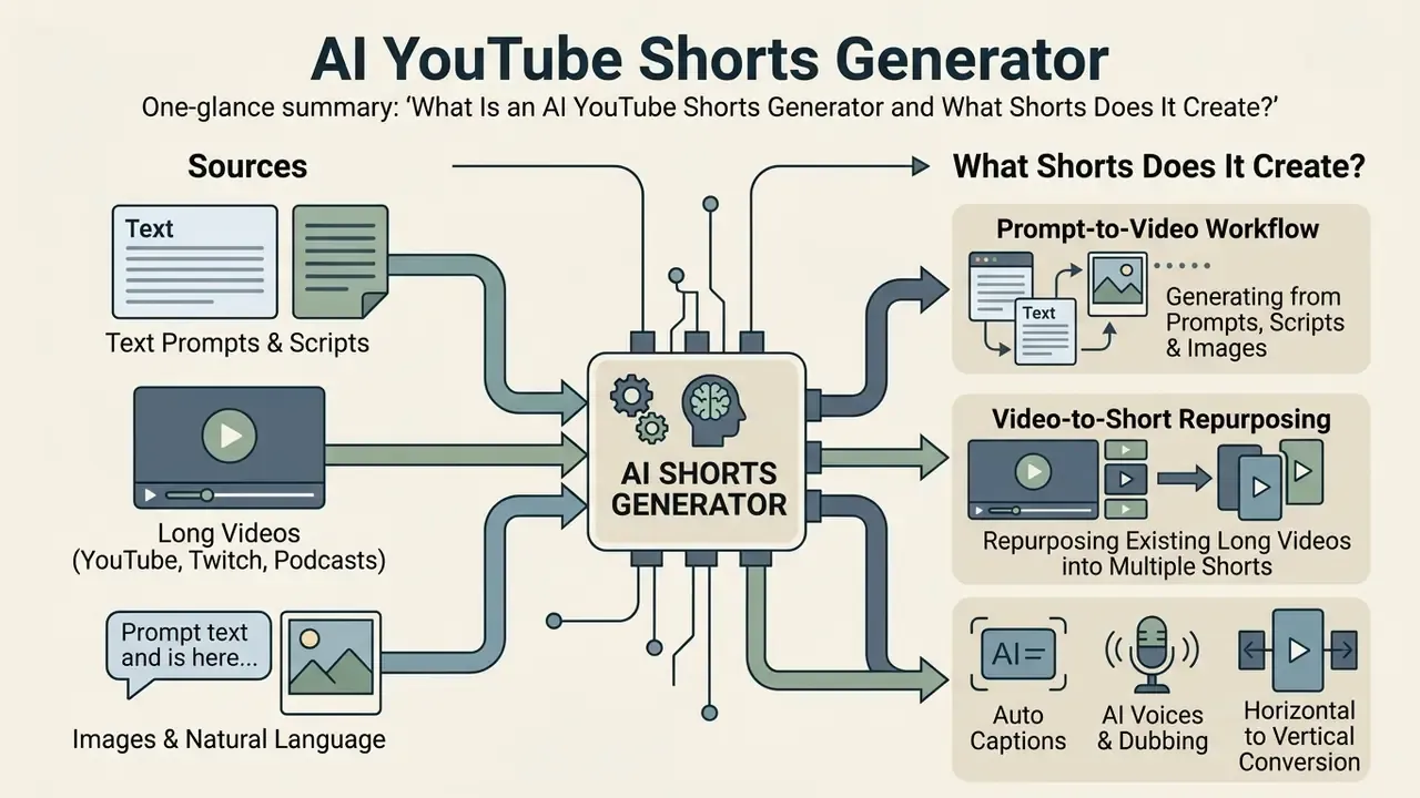 Diagram showing how an AI YouTube Shorts generator processes various media sources into vertical video clips