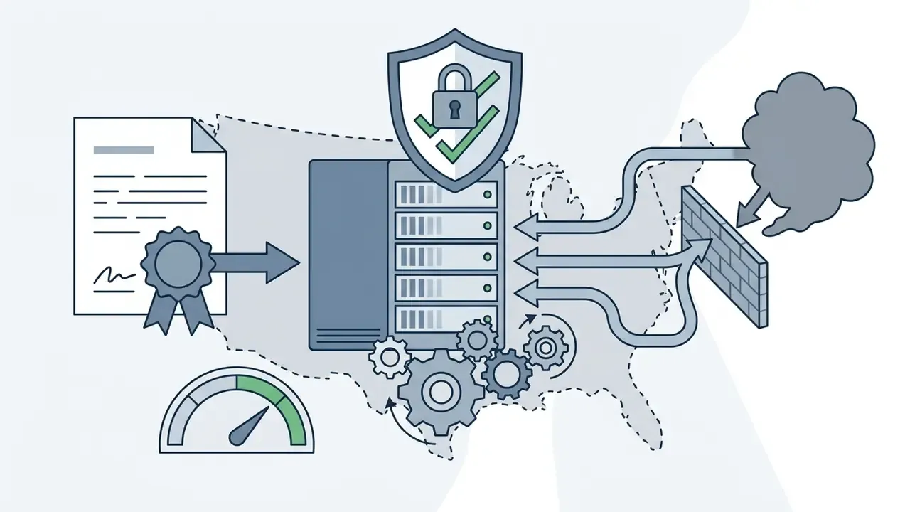 Server rack with a shield icon and gears inside a map outline blocking cloud traffic with a firewall