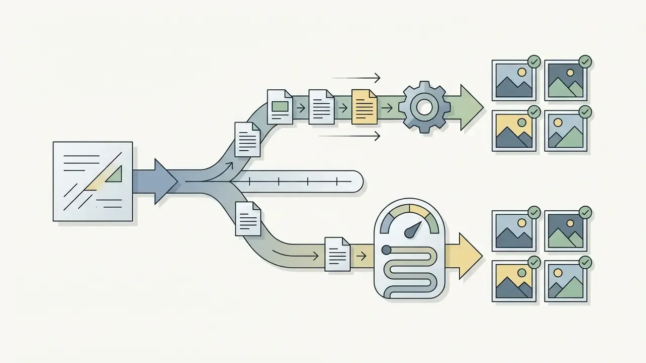 Document icons moving through a split path to a gear processor or speed gauge to generate image sets