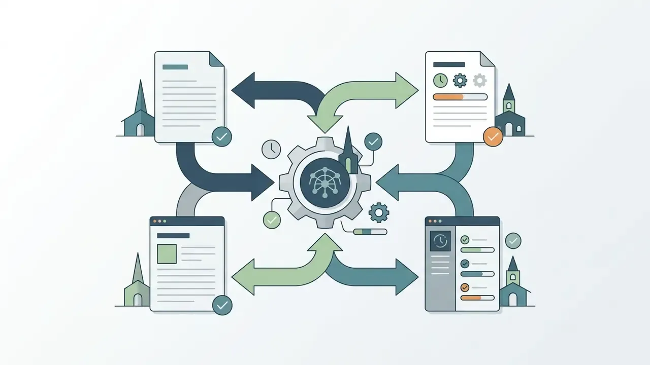 Four church-themed documents circulating through a central gear hub to synchronize team tasks and progress