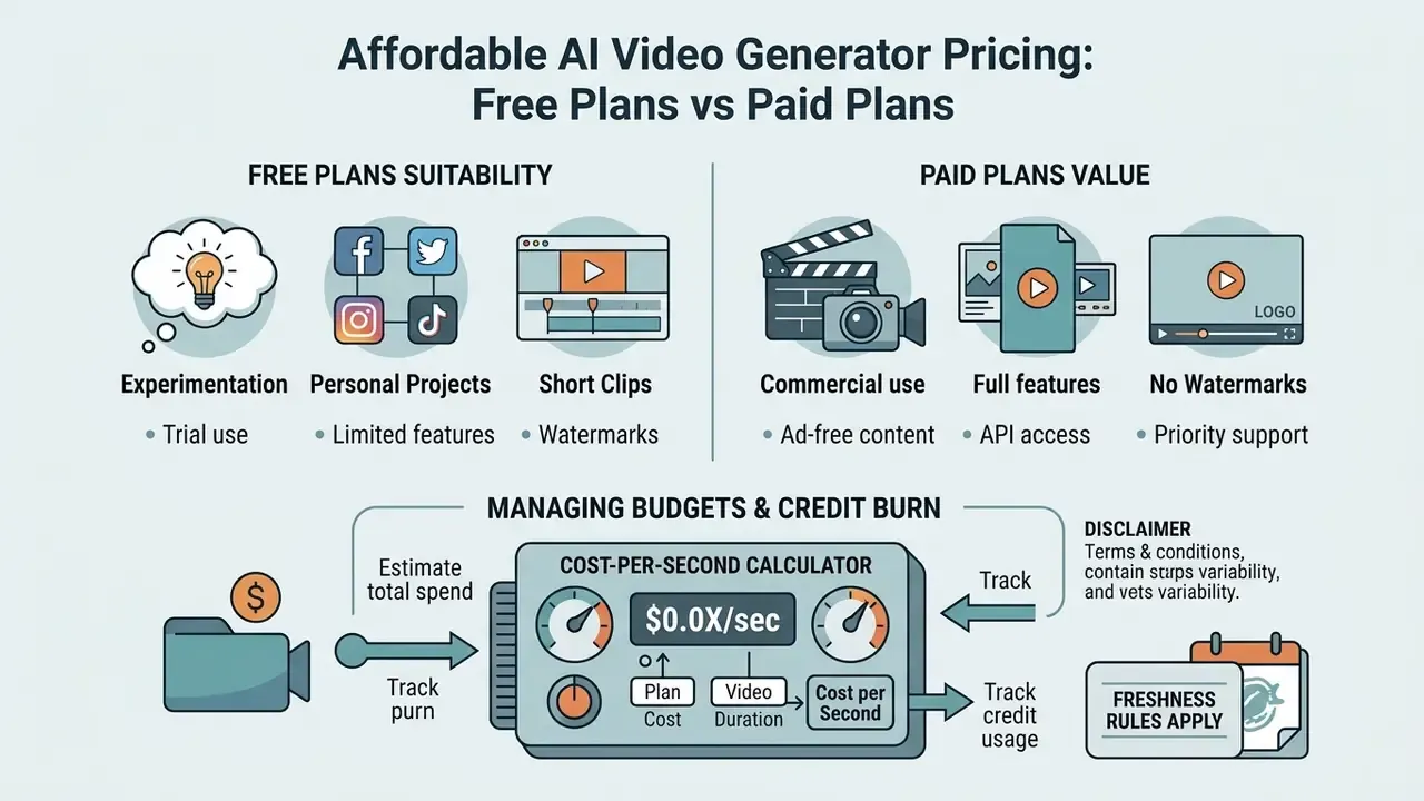 Comparison chart for AI video tool pricing, highlighting free plan use cases and a cost-per-second calculator