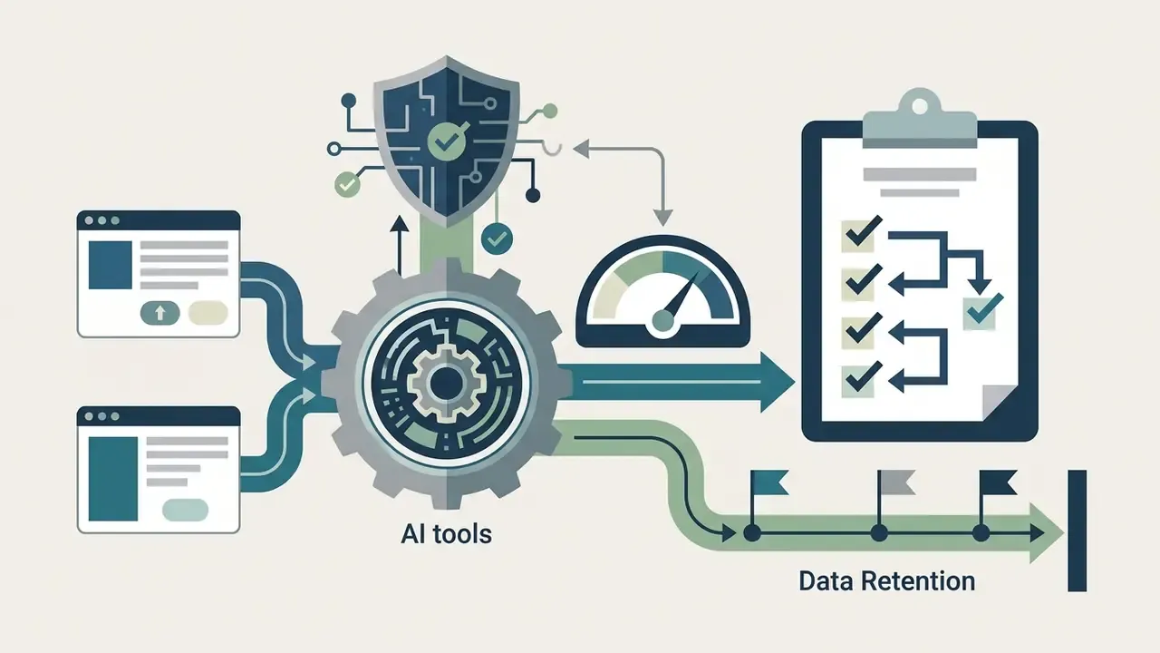 Digital workflow showing data processing through AI tools into a checklist and a retention timeline