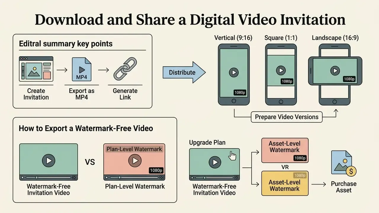 Diagram showing steps to export MP4 files in various aspect ratios and remove watermarks from videos