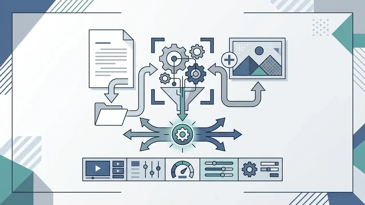 Text and image inputs feeding into a central processing engine with various output control settings
