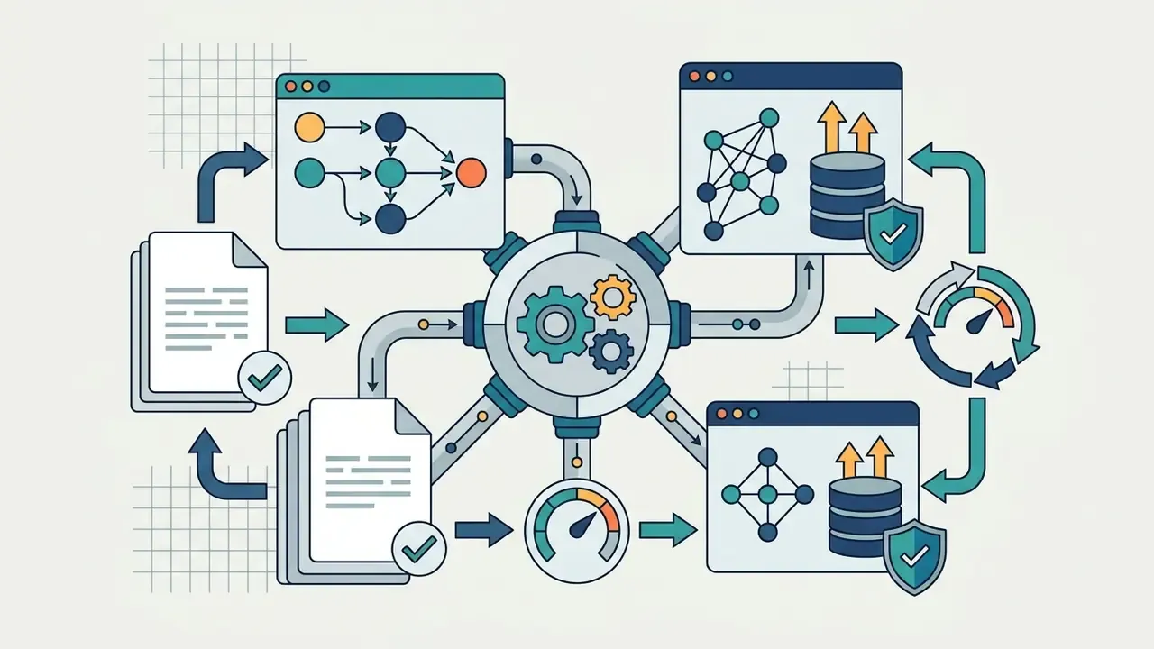 Central gear mechanism connecting data documents and software nodes for an AI video generator no restrictions