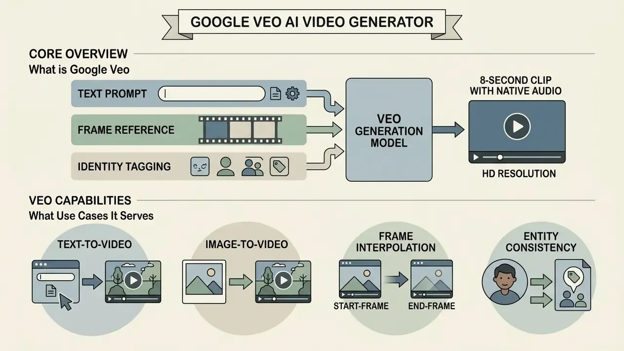 Infographic showing how Google Veo processes text, frames, and identity tags to generate HD video clips