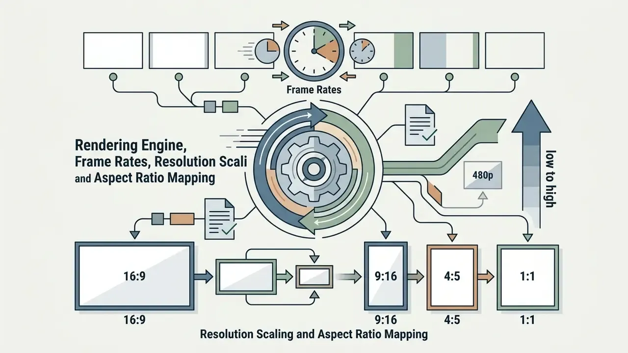 Central gear mechanism connecting frame rate settings to various aspect ratio and resolution outputs