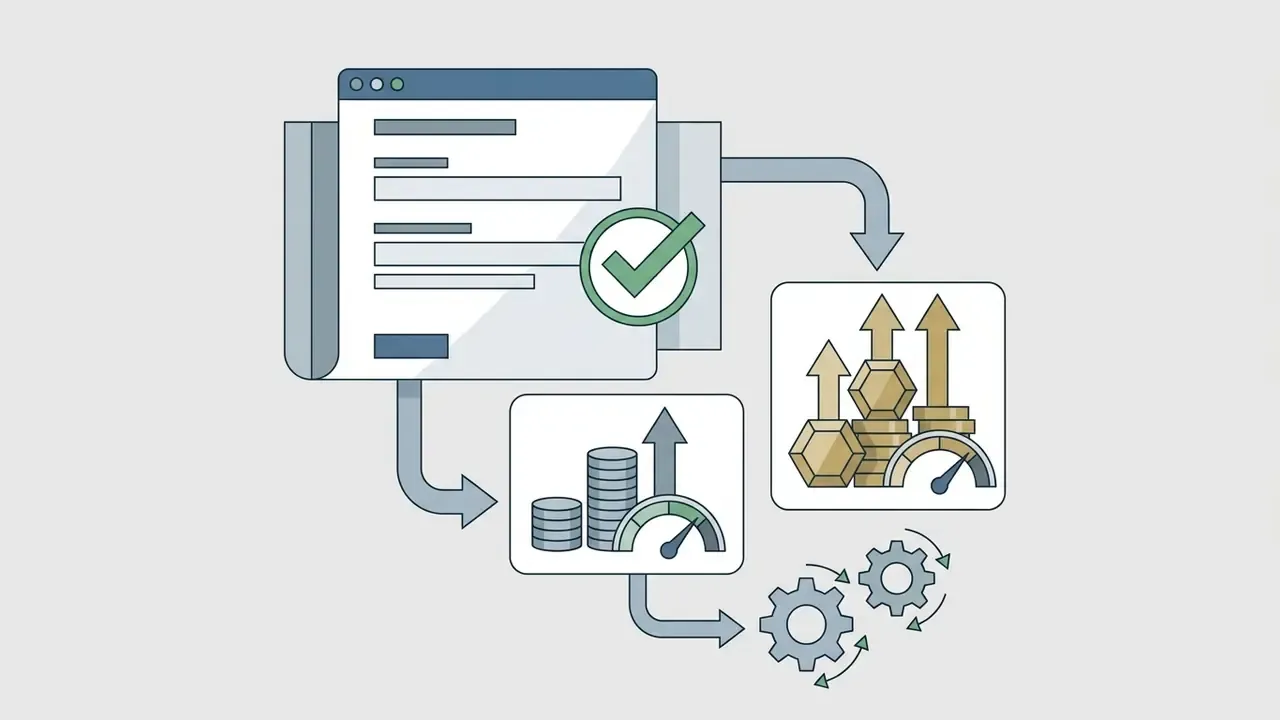 Browser window with a checkmark linked to growth charts and rotating gears representing business scaling