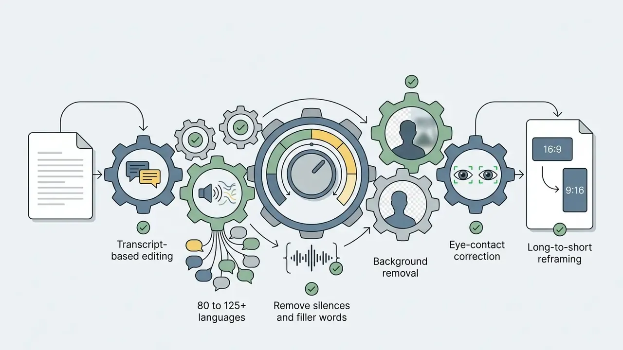 Interconnected gears illustrating AI features like transcription, background removal, and aspect reframing