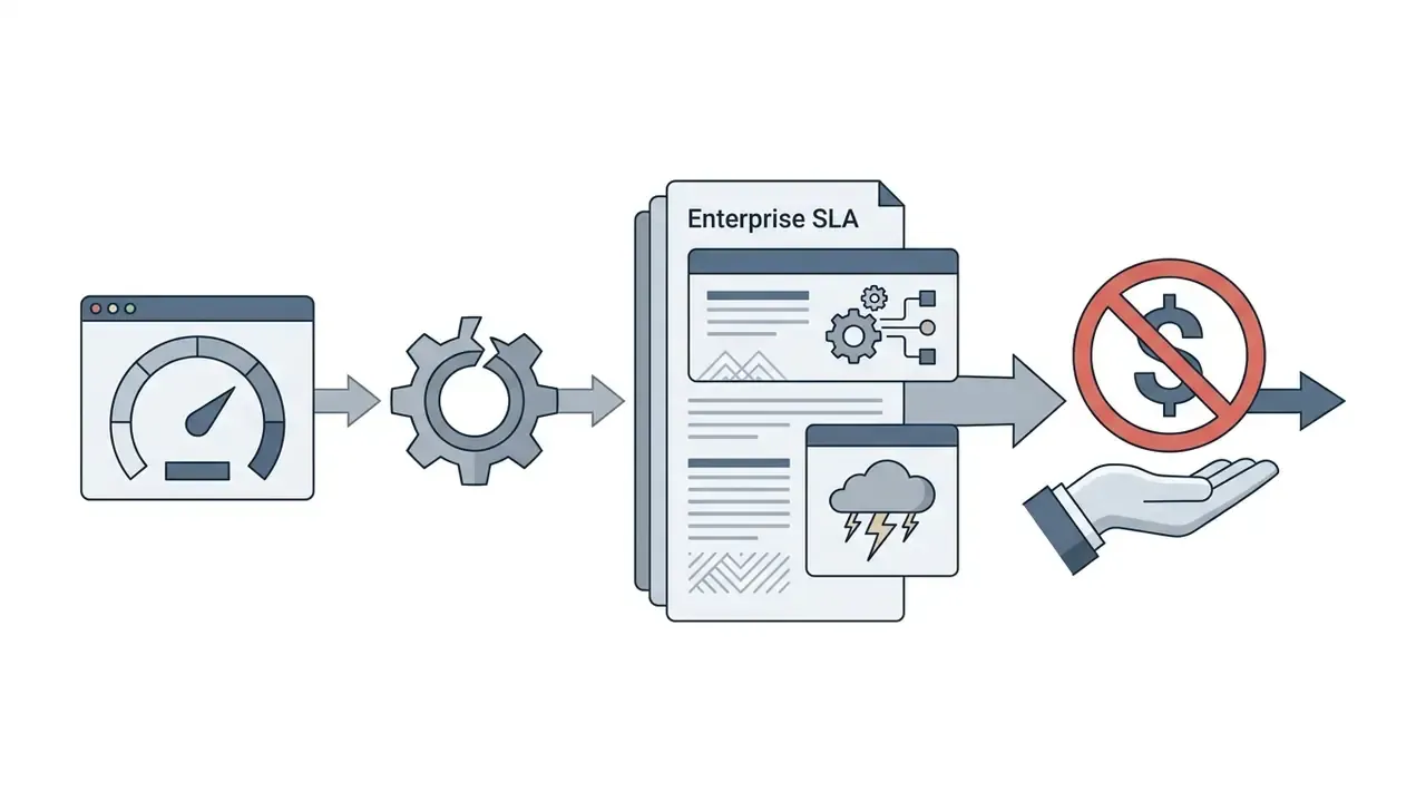 Process flow showing a gauge and broken gear leading to an Enterprise SLA and a denied refund symbol