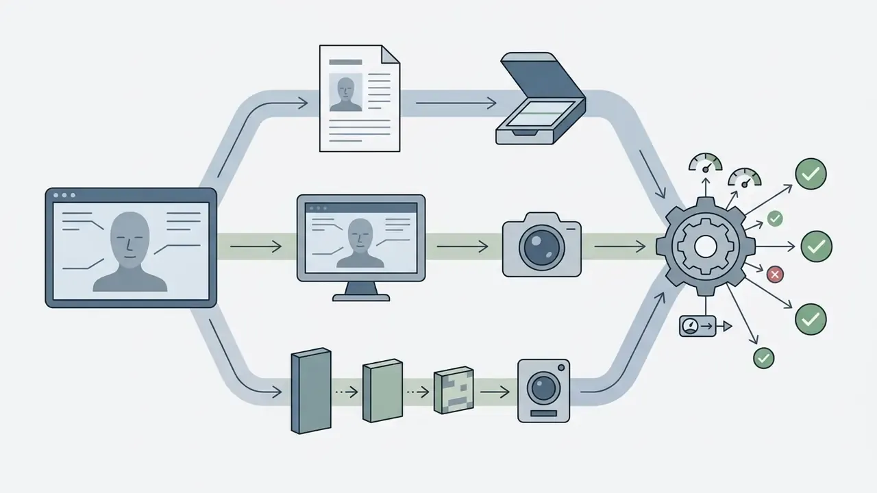 Synthetic face data moving through scanners, cameras, and compression tools into a gear processing system