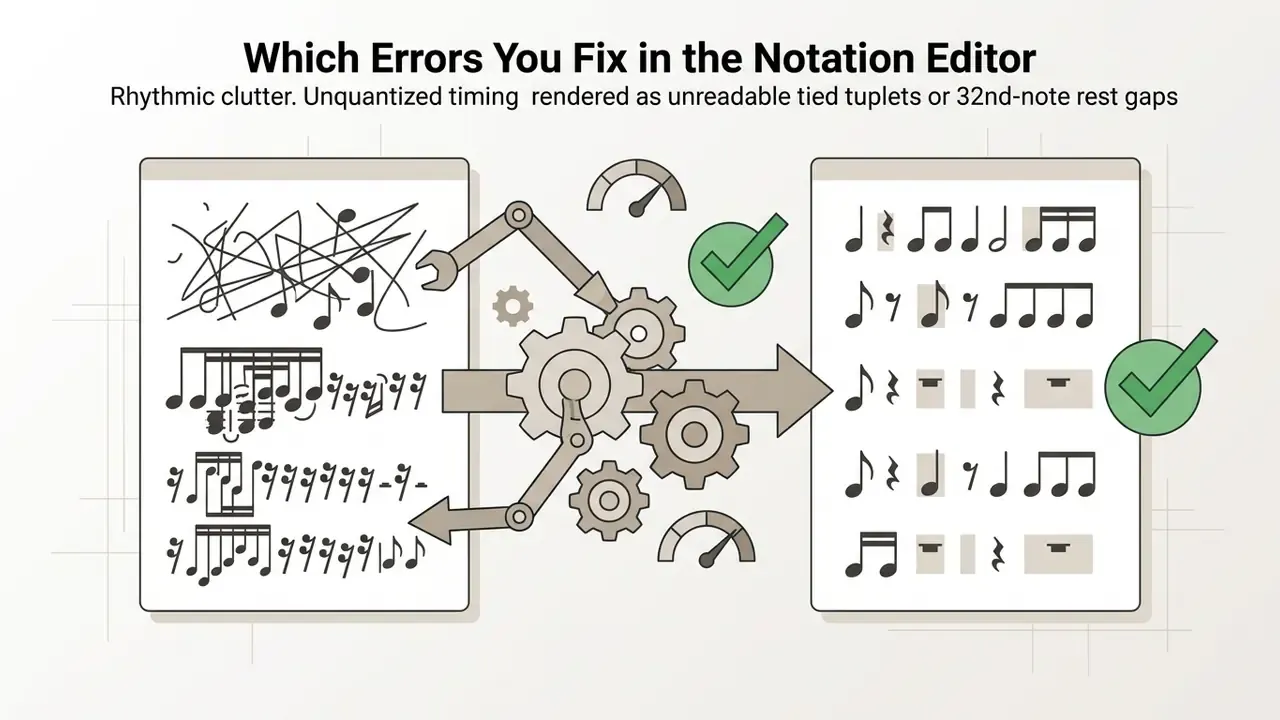 Mechanical gears and robotic arms correcting cluttered musical notation into clean rhythmic sheet music