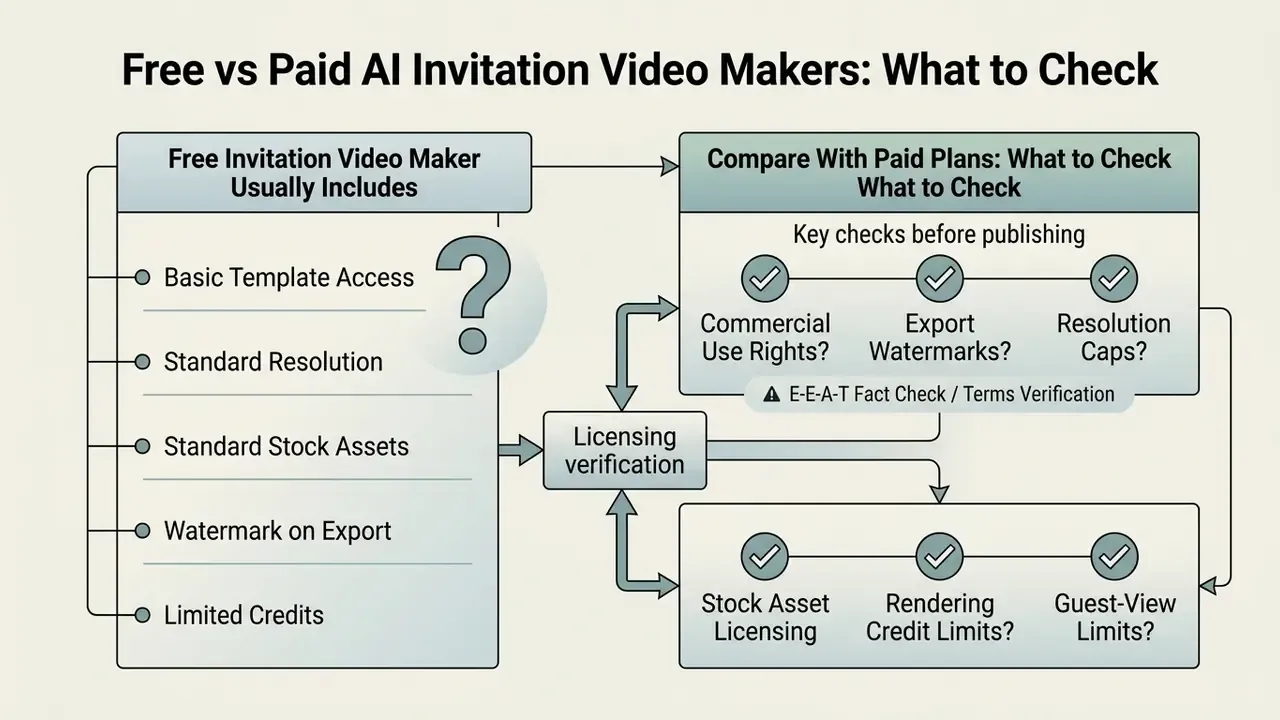 Flowchart comparing features of free versus paid digital invitation tools and licensing requirements