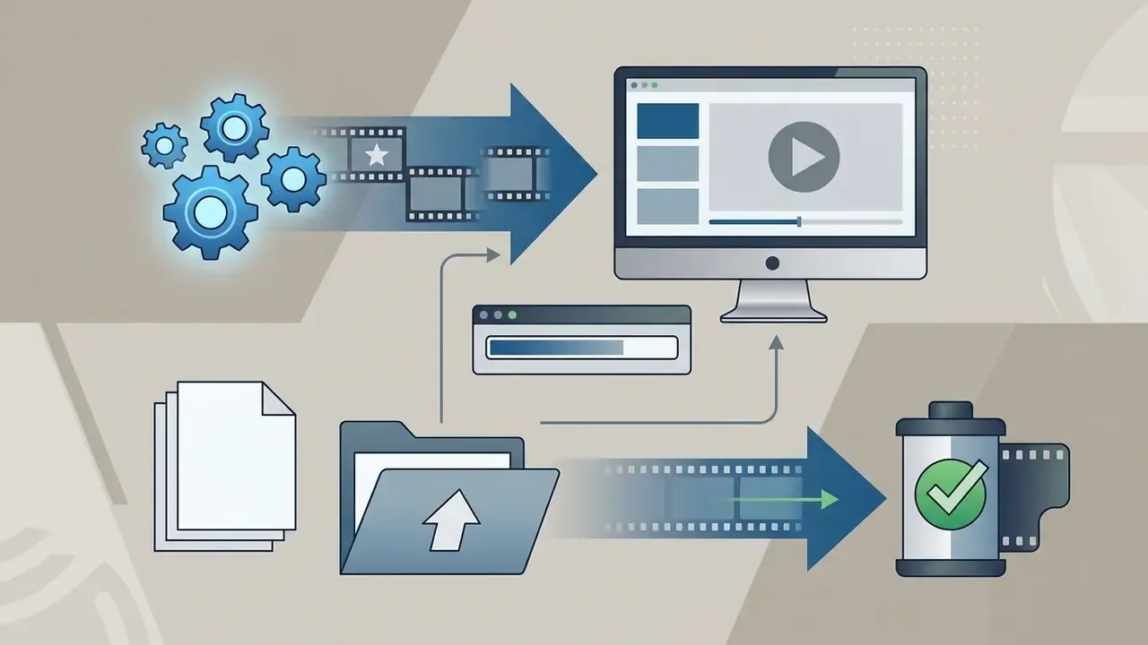 Gears and film strips moving toward a computer screen showing a video editing interface with file processing