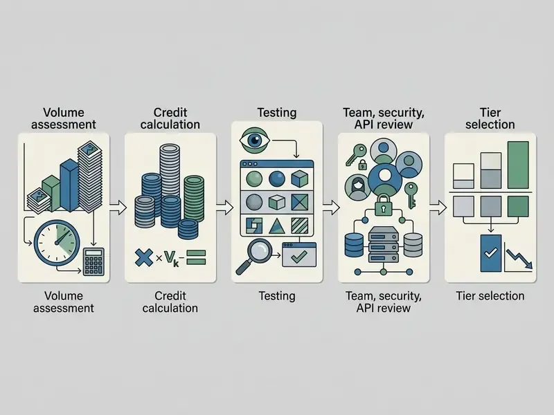 Sequential process flow showing five stages for evaluating AI video plan requirements and subscription needs