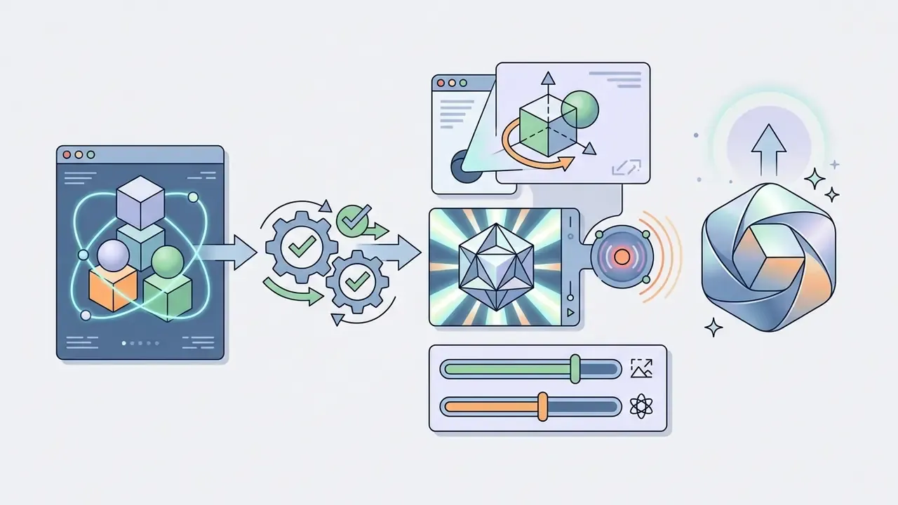 Geometric shapes moving through a processing system to emerge as a stylized 3D rendered object
