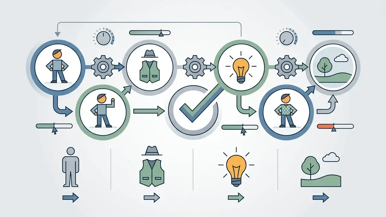 Linear process diagram showing icons for character, outfit, concept, and background connected by gears