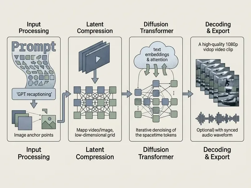 Four-stage diagram illustrating the Sora video generation pipeline from text input to final video export