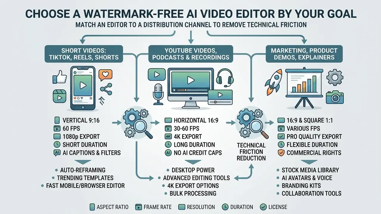 Flowchart matching video distribution channels to technical requirements for a free AI video editor